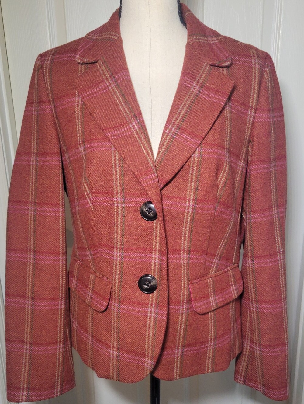 Vintage Talbots Wool Blazer Jacket Womens 12 Pink Plaid Windowpane Lined Career